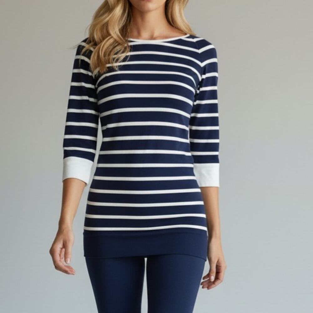 NUX Blue Striped 3/4 Sleeve Active Athleisure Top Women's Size M